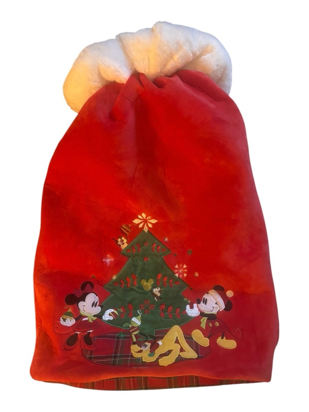 Disney Red Plush Holiday Gift Sack with Mickey, Minnie & Pluto like new
